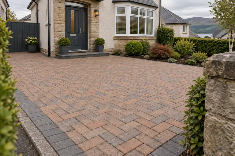 An illustrative clean block-paved driveway outside a stone and rendered home.