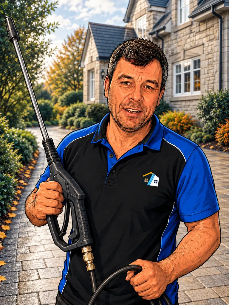 Illustrated portrait of Paul McCabe holding a pressure-washer lance, with the McCabe house badge on his work shirt.